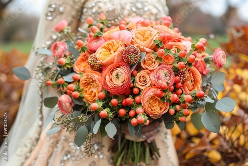 A Bridal Bouquet of Orange Roses, Ranunculus, and Berries photo