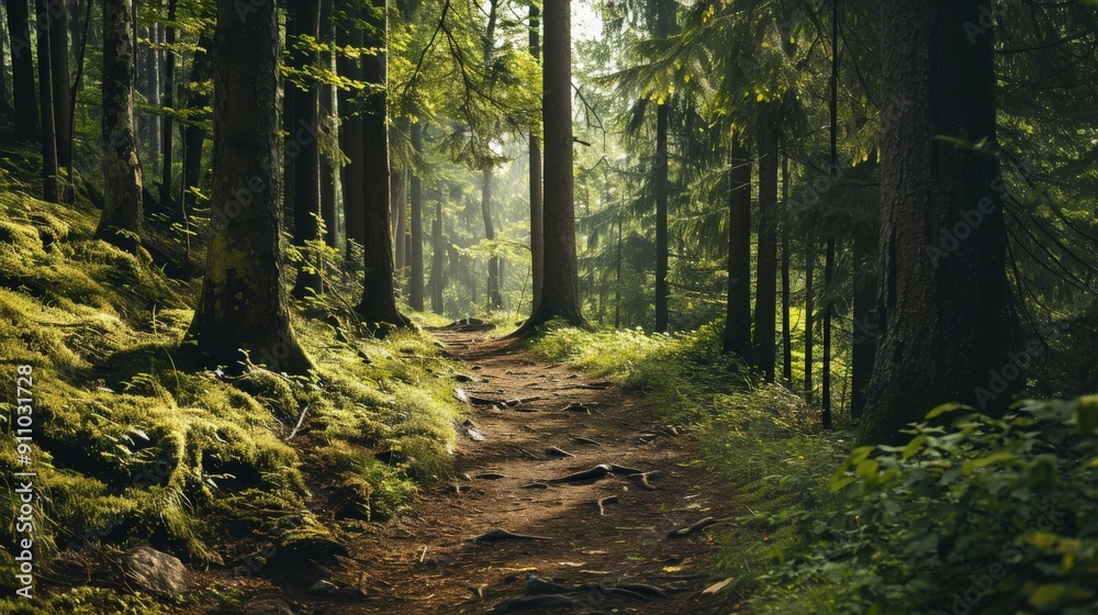 Obraz premium A Path Through a Sun-Dappled Forest