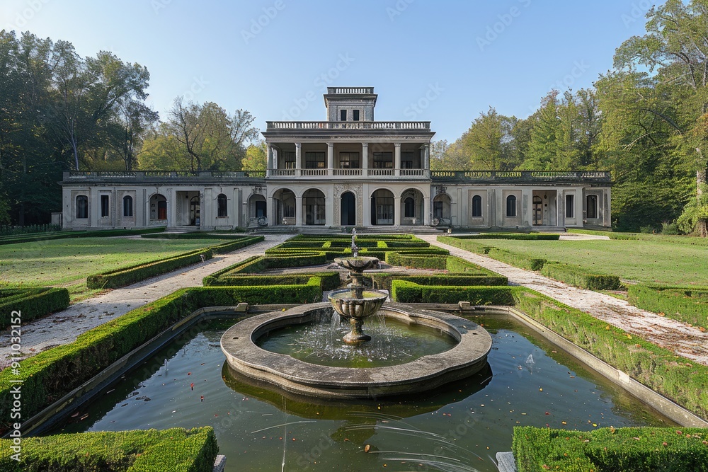 Obraz premium A Classic Italian Villa with a Fountain in the Formal Gardens