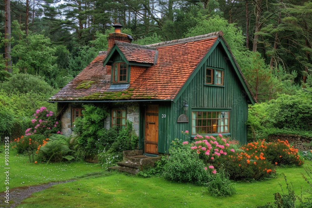 Fototapeta premium A charming green cottage nestled in a lush forest setting