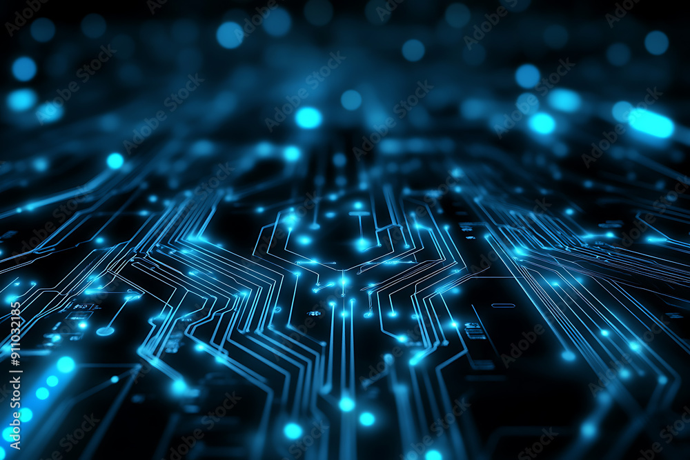 Abstract digital network circuit board background banner featuring connecting data points in blue and black colors. This design emphasizes the complexity and sophistication of modern technology