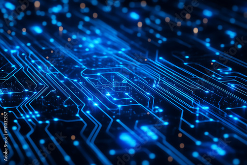 Abstract digital network circuit board background banner featuring connecting data points in blue and black colors. This design emphasizes the complexity and sophistication of modern technology