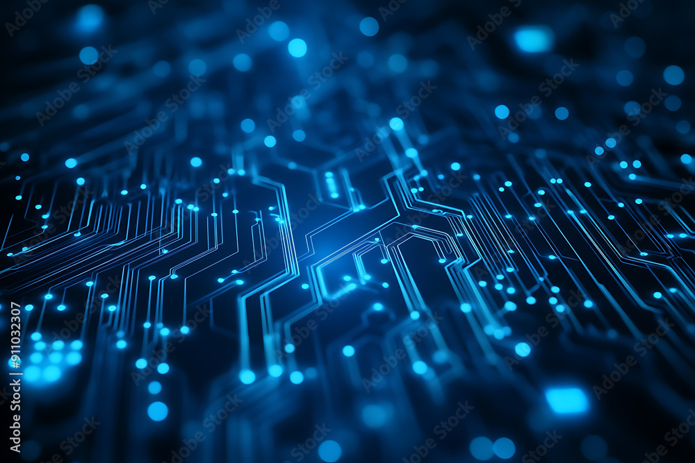 Abstract digital network circuit board background banner featuring connecting data points in blue and black colors. This design emphasizes the complexity and sophistication of modern technology Abstract digital network circuit board background banner featuring connecting data points in blue and black colors. This design emphasizes the complexity and sophistication of modern technology