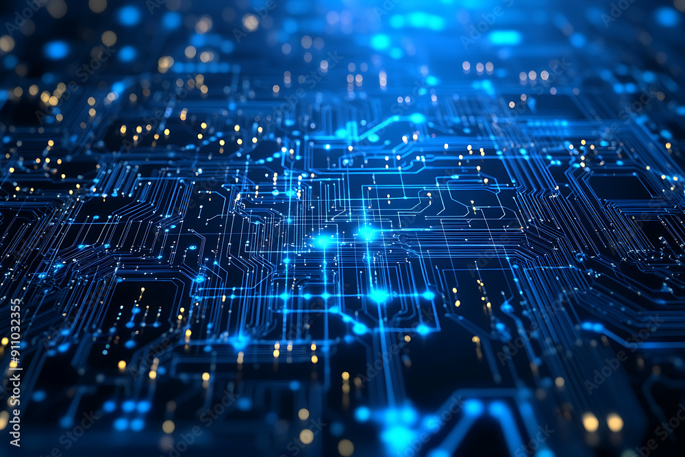 Abstract digital network circuit board background banner featuring connecting data points in blue and black colors. This design emphasizes the complexity and sophistication of modern technology Abstract digital network circuit board background banner featuring connecting data points in blue and black colors. This design emphasizes the complexity and sophistication of modern technology