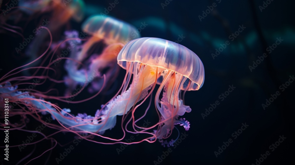 Closeup of glowing jellyfish in dark sea Closeup of glowing jellyfish in dark sea