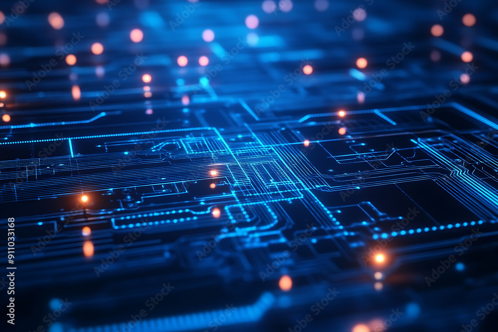Abstract digital network circuit board background banner featuring connecting data points in blue and black colors. This design emphasizes the complexity and sophistication of modern technology Abstract digital network circuit board background banner featuring connecting data points in blue and black colors. This design emphasizes the complexity and sophistication of modern technology