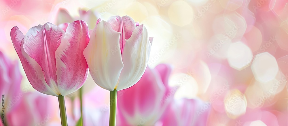 Obraz premium Pink and white Dutch tulip with close selective focus, Spring flower against a blurred background, ideal for copy space image.