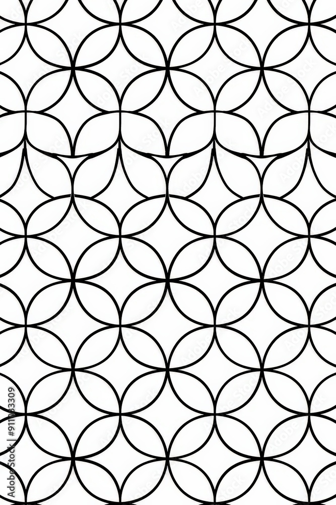 A sophisticated geometric pattern with overlapping circles and arcs in black and white, creating a mesmerizing and continuous design perfect for any contemporary decor. A sophisticated geometric pattern with overlapping circles and arcs in black and white, creating a mesmerizing and continuous design perfect for any contemporary decor.