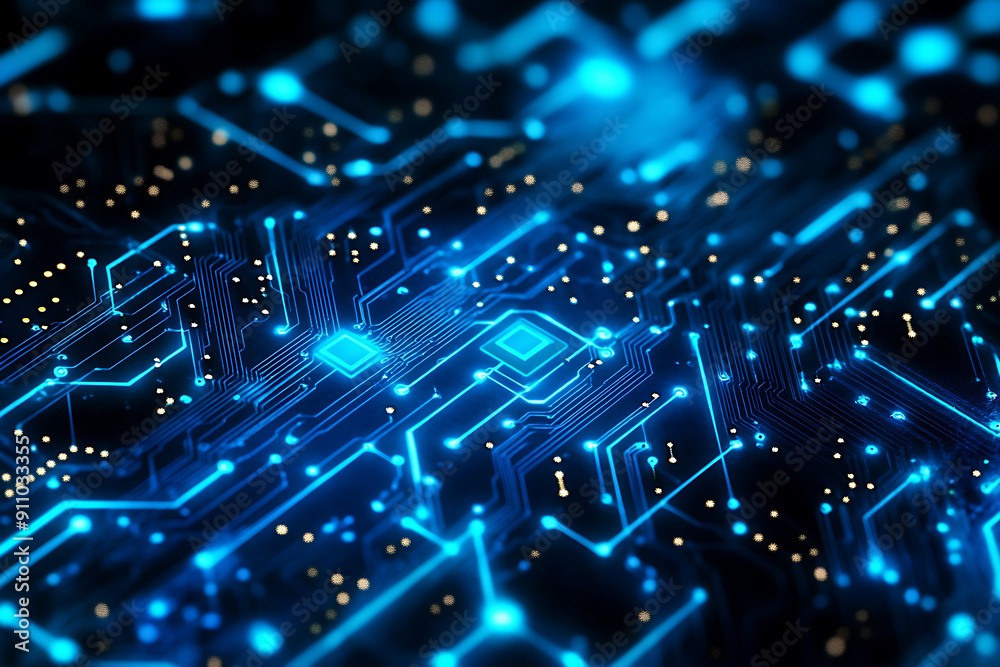 Abstract digital network circuit board background banner featuring connecting data points in blue and black colors. This design emphasizes the complexity and sophistication of modern technology