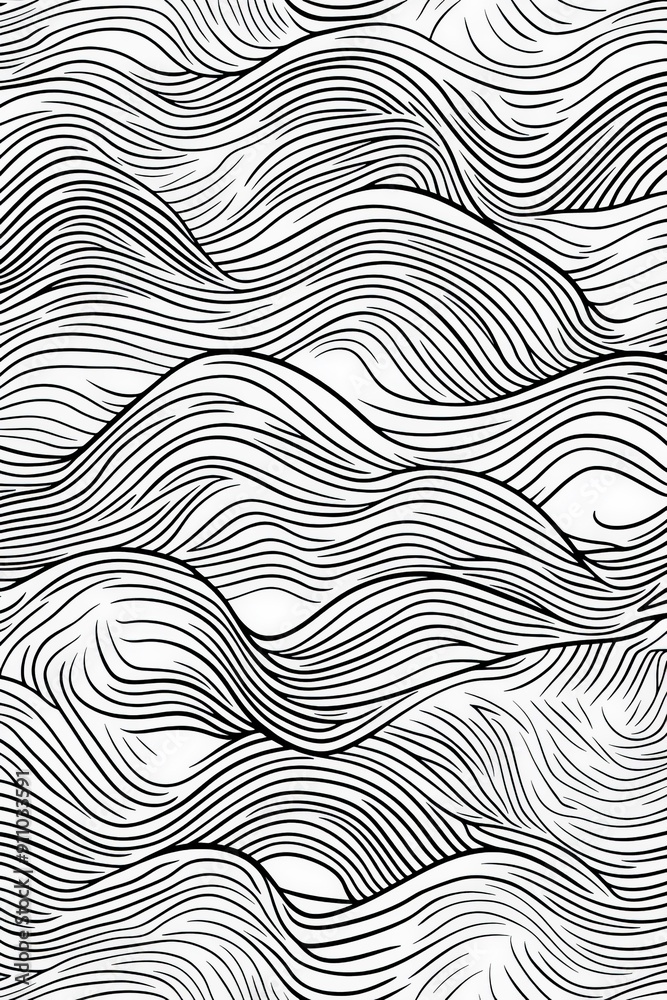 This image portrays a flowing wave pattern with thick black lines in motion, representing fluidity and movement with elegant curves forming a rhythmical abstract arrangement.