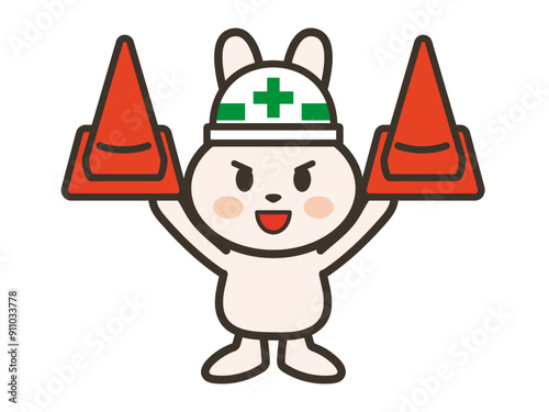 三角コーンを持ち上げて得意げのうさぎさんのイラスト
