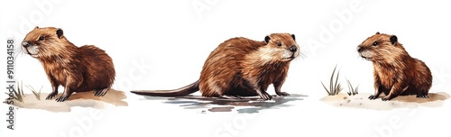 This generative AI animal clipart bundle includes three watercolour illustrations of a beaver isolated on a white background