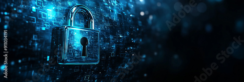 Cyber security concept, digital padlock with a virtual screen on a dark background with copy space, cyber security technology for fraud prevention and privacy data network protection concept