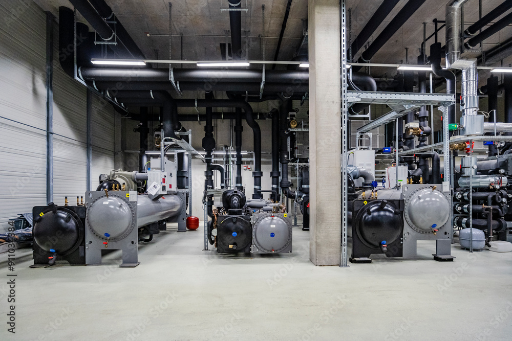 Machines and pipework in a factory for energy distribution Machines and pipework in a factory for energy distribution