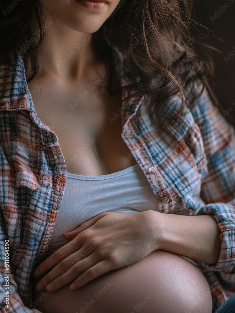 A woman in a plaid shirt holds her stomach, possibly experiencing discomfort or pain