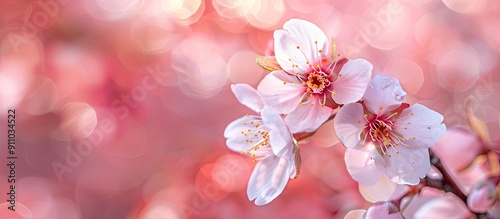 Selective focus on a branch of blossoming sakura tree with a blurred background; ideal for text with copy space image.