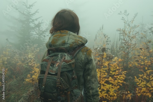 A lone hiker with a backpack in a misty forest photo