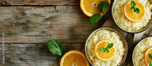 Top view of creamy rice pudding with orange slices in bowls on a wooden table, with ample copy space image. photo