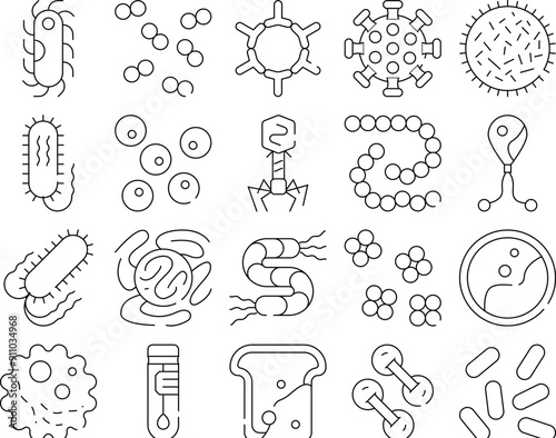 Pathogen Virus Disease Collection Icons Set Vector. Pathogen Bacteria And Protozoa Malaria, Mold On Bread And Vibrio Cholerae Black Contour Illustrations