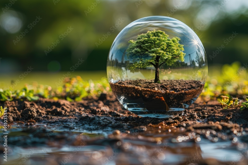 A Miniature Tree Enclosed in a Glass Orb on a Patch of Earth A Miniature Tree Enclosed in a Glass Orb on a Patch of Earth