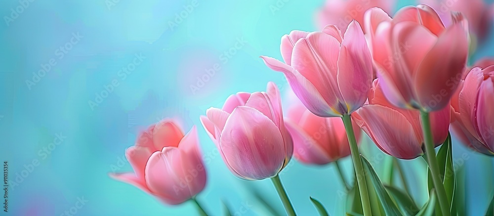 Obraz premium Vibrant pink tulips in full bloom are captured in a close-up copy space image against a soft, bright blue backdrop.