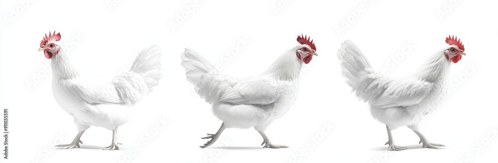 Fototapeta premium Various poses of white chickens, isolated on a transparent background (portrait, standing, profile).