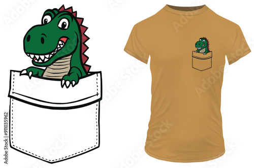 Cute happy baby dinosaur in pocket, funny vector illustration art for tshirt merch. photo