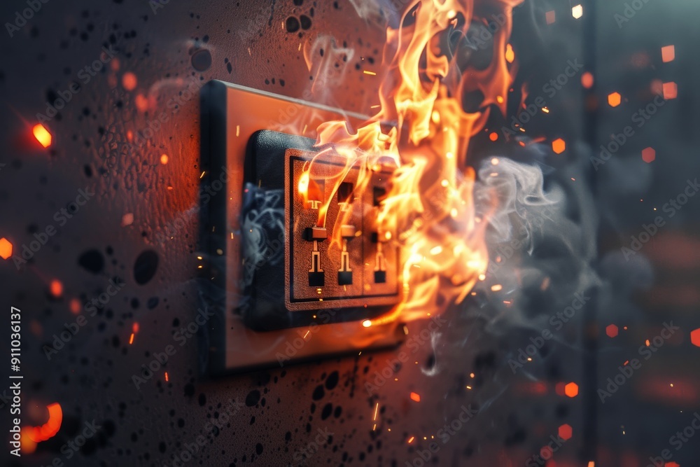 A power socket is on fire with intense flames and swirling smoke ...