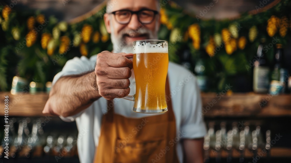 Brewmaster leading a festival toast under a banner of hops and barley decorations, Brewmaster, beer festival, Unified and festive Brewmaster leading a festival toast under a banner of hops and barley decorations, Brewmaster, beer festival, Unified and festive