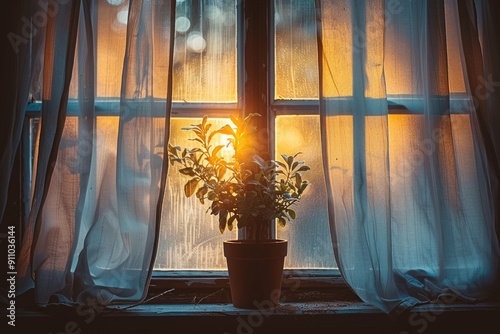 A potted plant silhouetted against a window with sheer curtains and a sunset view photo