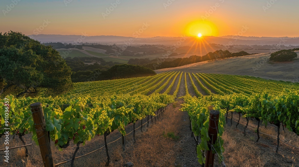 custom made wallpaper toronto digitalA stunning sunset scene showcasing a vast vineyard with lush green grapevines stretching into the horizon, creating a harmonious blend of nature and light, emphasizing natural beauty.