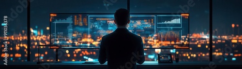 Silhouette of a person analyzing data on a large screen in a high-tech office with city lights in the background at night. photo