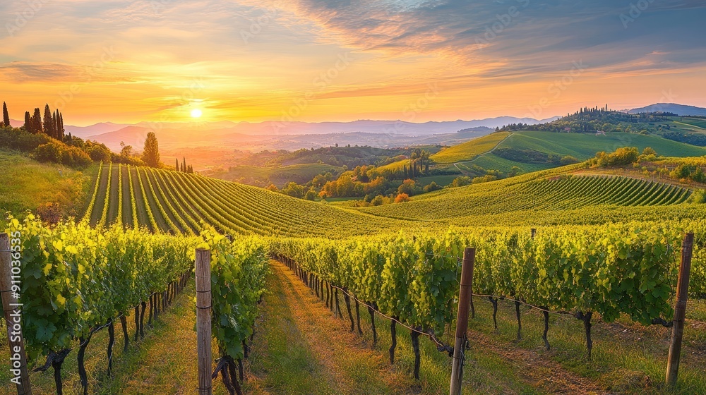 Naklejka premium Stunning Sunset Panorama of a Sprawling Vineyard