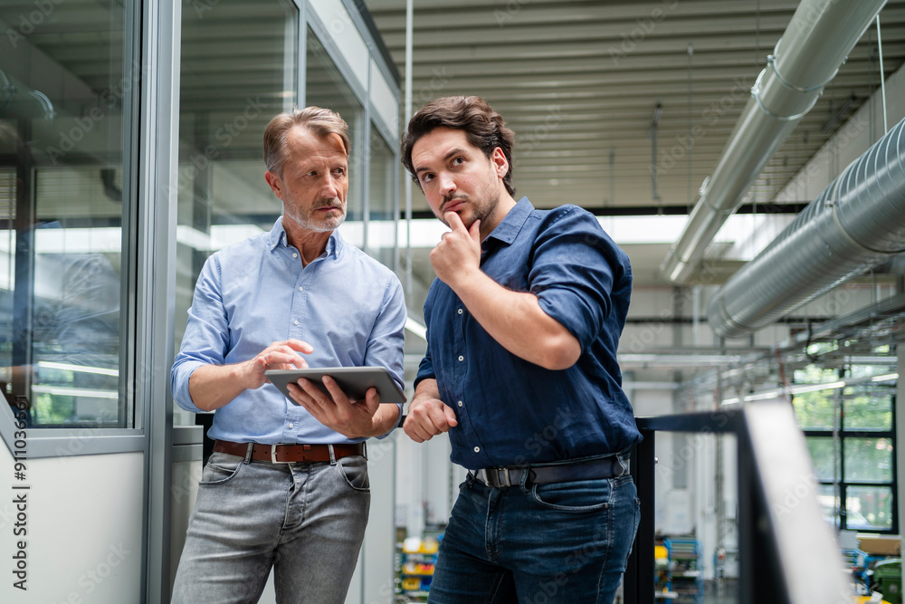 Focused businessmen planning together at factory Focused businessmen planning together at factory
