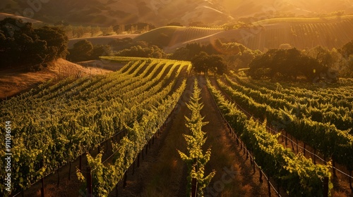 A breathtaking view of a lush vineyard basking in the golden light of sunset, with rows of grapevines stretching across rolling scenic hills, creating a picturesque landscape. photo