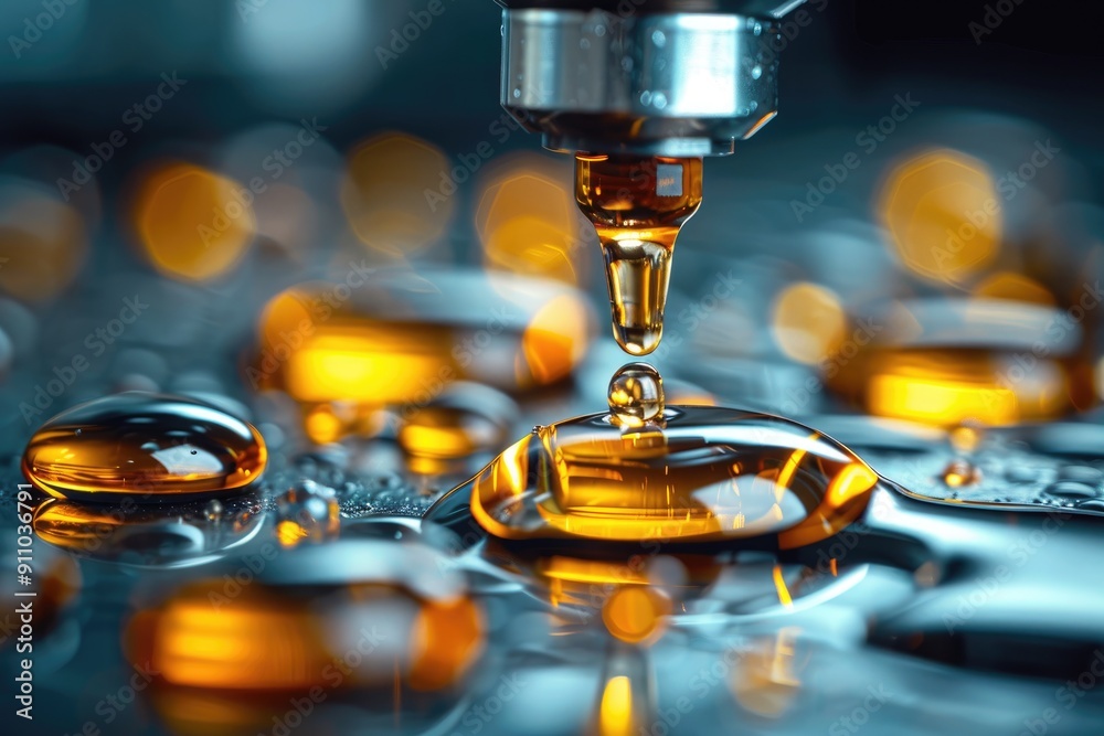 A Single Drop of Liquid Falling into a Pool of Golden Droplets A Single Drop of Liquid Falling into a Pool of Golden Droplets