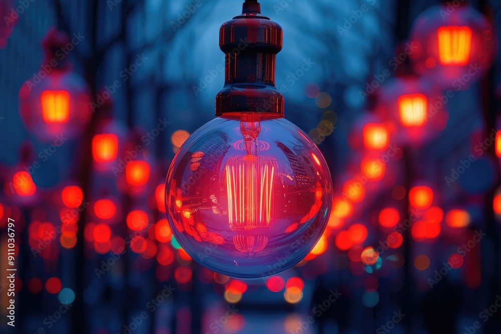 A single glowing light bulb hanging against a backdrop of red bokeh circles A single glowing light bulb hanging against a backdrop of red bokeh circles