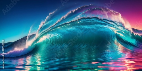 Fototapeta Naklejka Na Ścianę i Meble -  A large turquoise wave crests under a colorful sky, reflecting on the water's surface