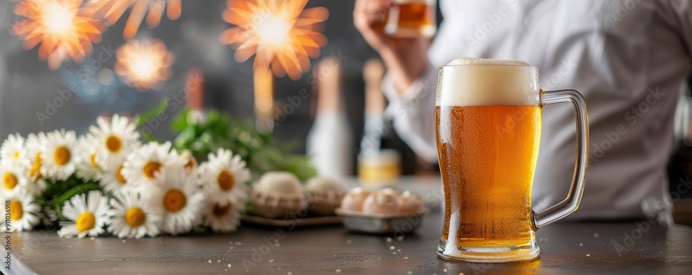 Brewmaster raising a mug of beer with fireworks in the background at a night festival, Brewmaster, beer festival, Joyful celebration Brewmaster raising a mug of beer with fireworks in the background at a night festival, Brewmaster, beer festival, Joyful celebration