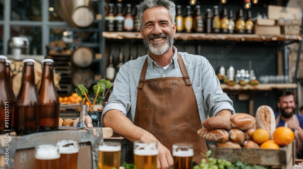 Brewmaster surrounded by beer enthusiasts at an outdoor festival with food stalls, Brewmaster, beer festival, Community and enjoyment Brewmaster surrounded by beer enthusiasts at an outdoor festival with food stalls, Brewmaster, beer festival, Community and enjoyment