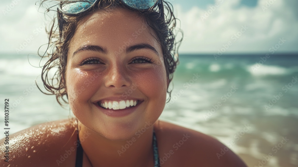A woman enjoying time off on a sunny beach, wearing a swimsuit and sunglasses A woman enjoying time off on a sunny beach, wearing a swimsuit and sunglasses