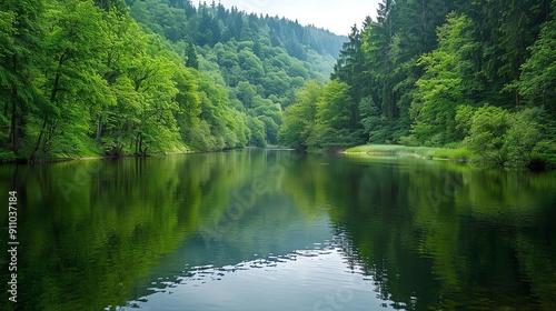 A calm, still river with green trees reflected in the water.