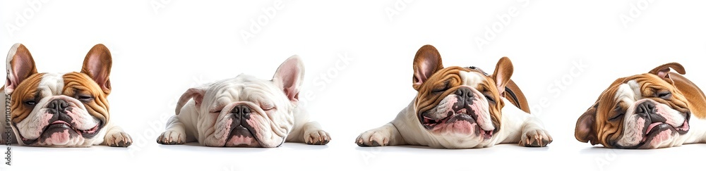 Dog bundle of happy English bulldogs (standing, lying, portrait, sitting) isolated on a white background Dog bundle of happy English bulldogs (standing, lying, portrait, sitting) isolated on a white background