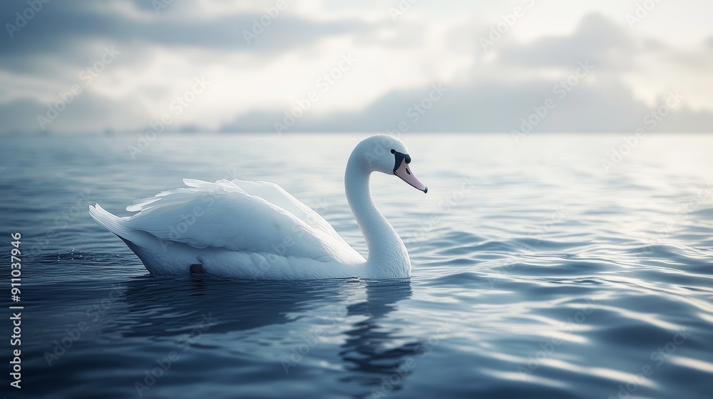 A white swan is swimming in the ocean A white swan is swimming in the ocean