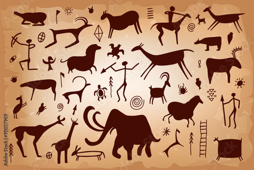 Cave painting on stone, ancient wall of prehistoric humans, animals, weapons. Primitive men and woman of tribe silhouette illustration. Vector caveman art background