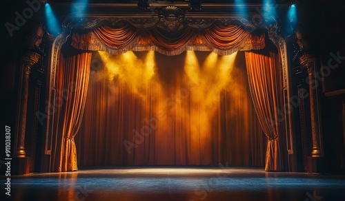 Classic theater stage with warm lighting and ornate curtains, illuminated by spotlights for an old-world charm. Web banner 