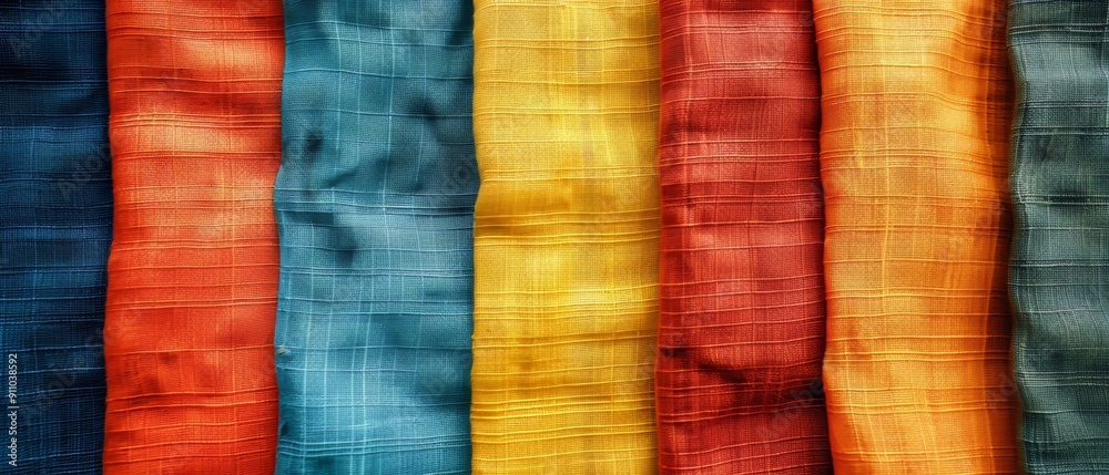 A row of colorful fabric with a blue stripe