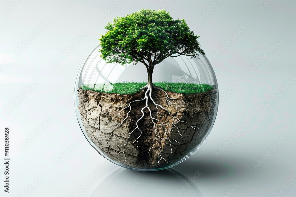 A Tree Growing from a Cracked Earth Sphere Within a Glass Globe A Tree Growing from a Cracked Earth Sphere Within a Glass Globe