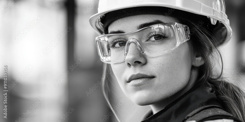 A woman on a construction site wearing a hard hat and glasses A woman on a construction site wearing a hard hat and glasses