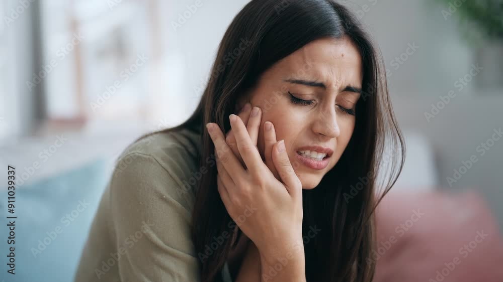 Video of tired beautiful woman with toothache sitting on couch at home Video of tired beautiful woman with toothache sitting on couch at home